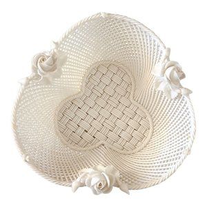 Belleek Irish Porcelain Weave Basket with Applied Flowers, Buds & Leaves